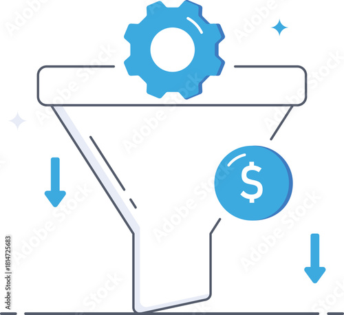 Sales process and money funnel conversion with gear Flat vector illustration