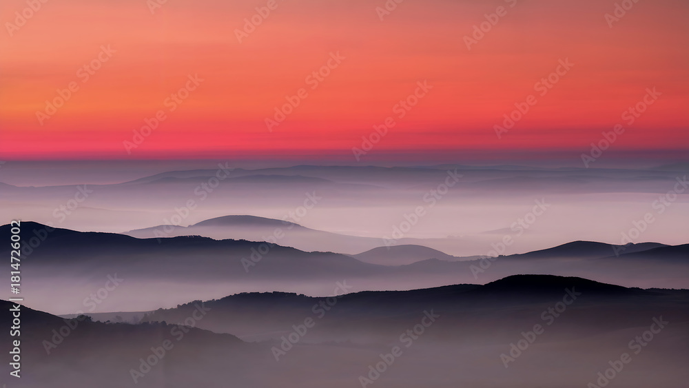 Fototapeta premium layered rolling hill silhouettes under terracotta red to pale lilac sunset