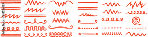 Collection of Red Marker Underline and Divider Lines Featuring Wavy, Zigzag, Swirl, and Dotted Brush Strokes on White Background - AI Generative