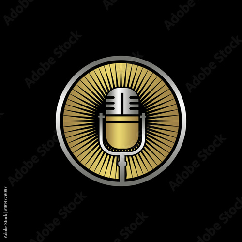 A gold and silver vintage microphone logo with radiating sunburst lines inside a circular metallic frame.