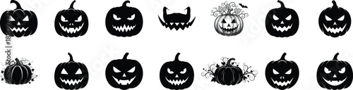 Collection of Frightening Jack-O'-Lantern Silhouette Icons and Spooky Pumpkin Carvings in Black and White for Halloween Decoration - AI Generative