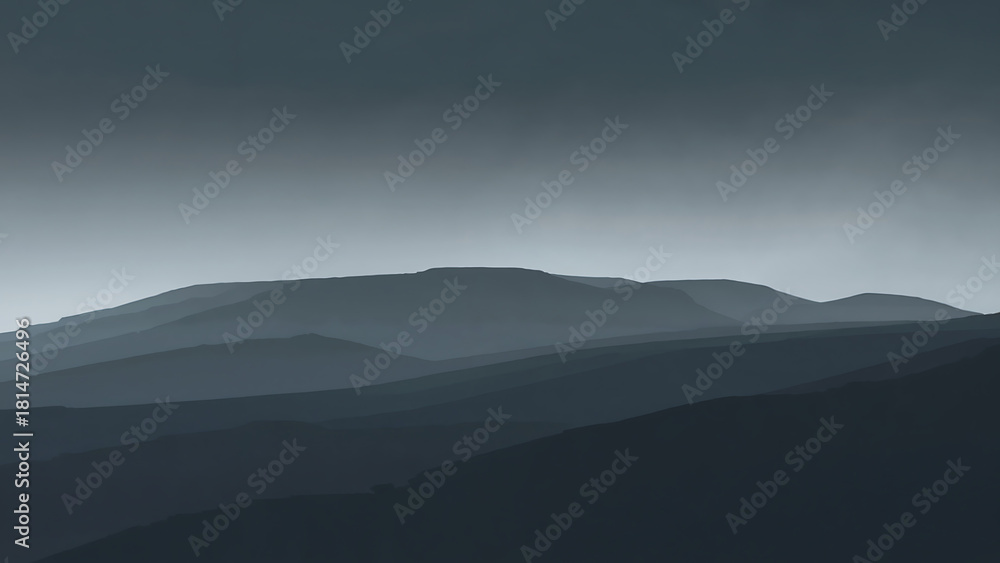 Fototapeta premium minimalist grey volcanic caldera silhouettes with pale silver to dark slate sky