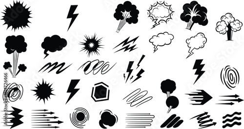 Monochrome Comic Book Effects Collection of Explosions, Speech Bubbles, Speed Lines, and Lightning Bolts in Black Silhouette on White Background - AI Generative