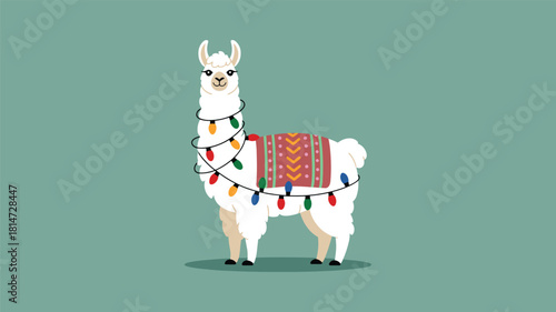 Cute cartoon llama wearing a festive blanket and Christmas lights Keywords: llama, animal, cartoon, cute, festive, Christmas, lights, holiday, decoration, woolly, fluffy, white, green, red, blue