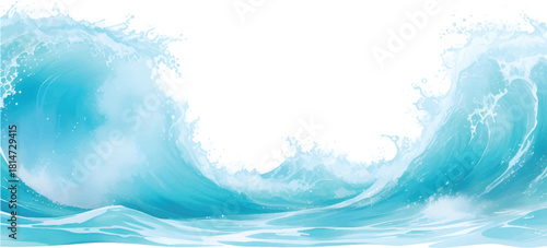 Blue ocean wave with white splash under a summer sky and bright sun