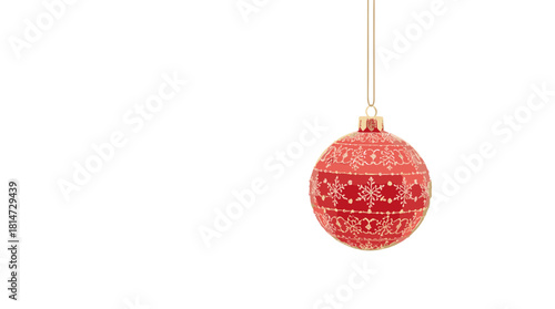 A hanging red ornament ball with intricate white snowflake patterns, red ornament ball christmas