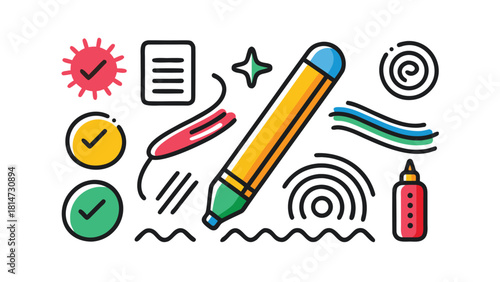 Collection of Colorful Icons and Drawings Including Marker Pen on White Background Keywords: marker, pen, drawing, illustration, icons, symbols