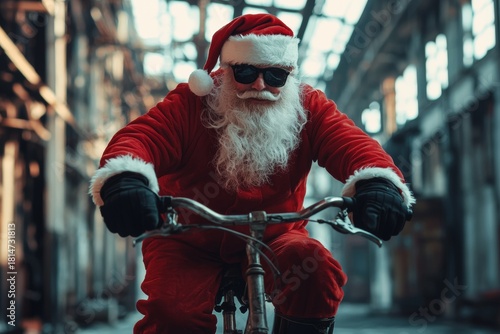 A man dressed in a Santa costume rides a bicycle inside an industrial setting. The scene conveys festive humor, holiday spirit and unconventional Christmas themes.