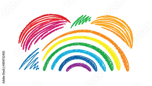 Hand Drawn Rainbow Arcs and Scribbles in Vibrant Colors on White Background colorful