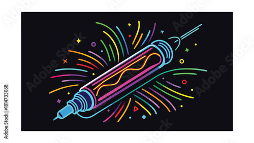 Neon marker drawing colorful abstract lines and shapes on black background Keywords: marker, neon, drawing, colorful, abstract, lines, shapes, art