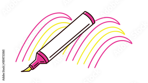 Pink and yellow highlighter pen drawing colorful arcs on white background Keywords: highlighter, pen, marker, drawing, colorful, arcs, lines, pink