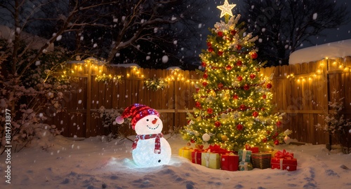 Wallpaper Mural Magical Christmas snowfall with glowing snowman and gifts under a festive decorated tree Torontodigital.ca
