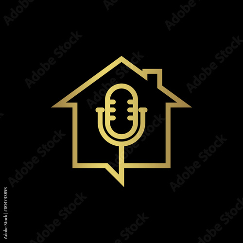Golden logo depicting a microphone inside a house shape with a speech bubble, representing home podcasting or audio recording.