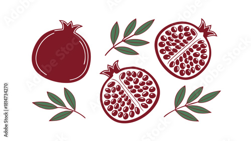 Pomegranate Fruit and Branches with Arils on White Background Keywords: pomegranate, fruit, branch, leaf, whole, halved, cut, seeds, arils, red