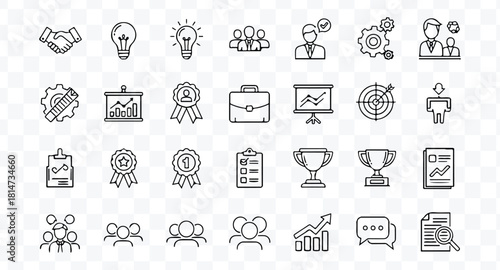 Set of business and management line icons representing teamwork, success, goal achievement, idea, and presentation in a simple sketch style