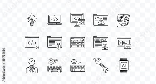 Set of handdrawn line icons representing programming, web development, coding, software engineering, and technology concept