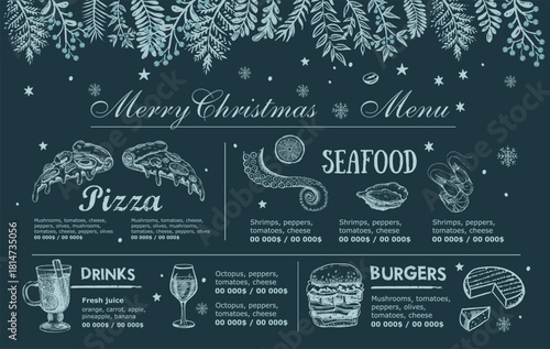 Christmas and New Year menu cafe. Template design. Hand drawn illustrations. 
