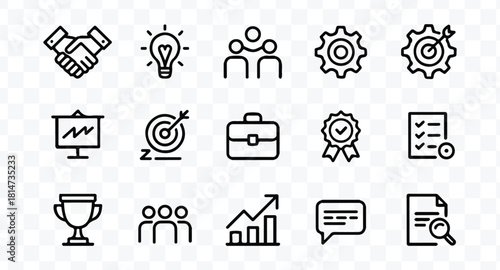 Collection of black outline business and finance icons representing teamwork, idea, goal, success, strategy, and presentation concept