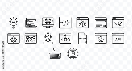 Set of handdrawn outline icons representing programming, development, technology, computer science, and digital interface concepts for web design
