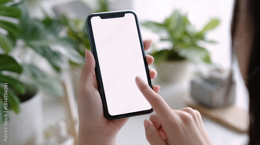 Naklejka premium Close up of hands holding a smartphone with a blank white screen interacting with technology