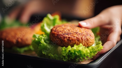 Close up of a plant based burger patty on lettuce leaves with hands reaching