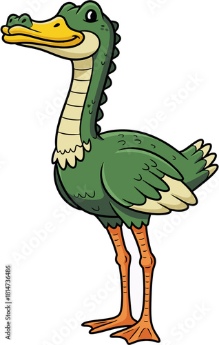 Funny cartoon illustration of a whimsical mythological hybrid animal combining a crocodile head and neck with a feathered bird body and long legs, isolated on white.