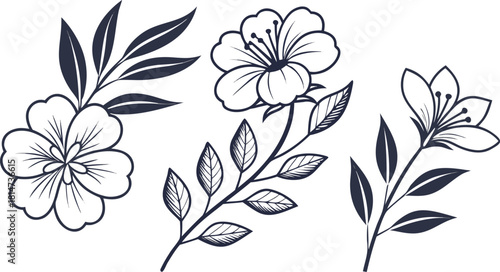 Three Dark Blue Outline Illustrations of Floral Branches with Flowers and Leaves