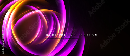 Abstract neon swirls, vibrant colors, dynamic composition. Dark background emphasizes glowing curves, modern design element.