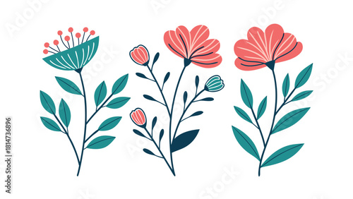 Three decorative floral elements with leaves and buds on white background Keywords: floral, flowers, stems, leaves, buds, pink, teal, illustration
