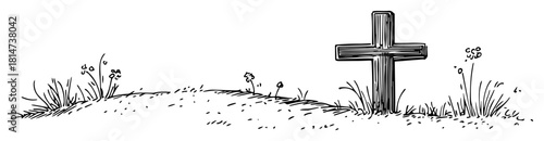 wooden cross grave mound hand drawn memorial sketch