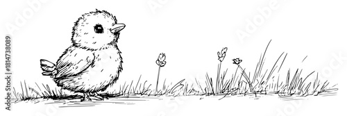 cute baby chick in grass hand drawn vector sketch