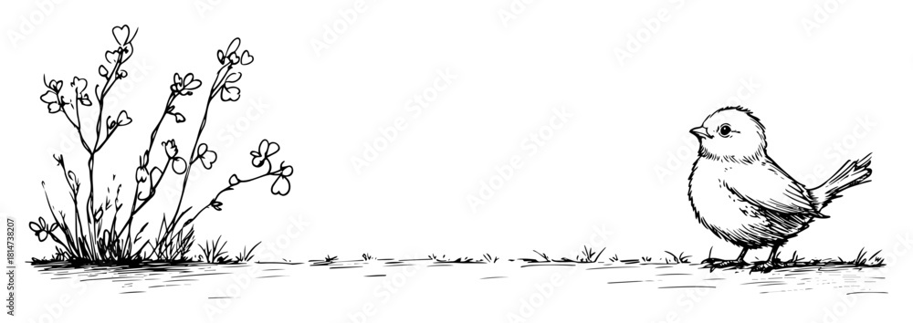 Fototapeta premium small bird looking at flowering bush vector sketch illustration