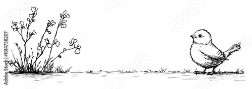 small bird looking at flowering bush vector sketch illustration