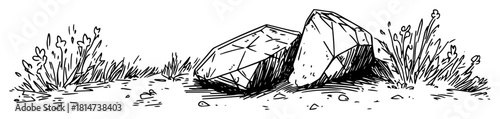 crystals gemstones in grass treasure hand drawn vector sketch