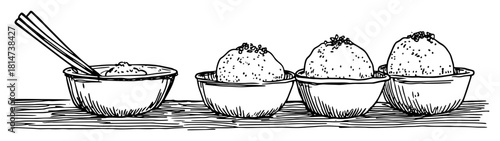 hand drawn rice bowls with chopsticks sketch illustration