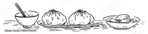 hand drawn steamed buns with dipping sauce sketch illustration