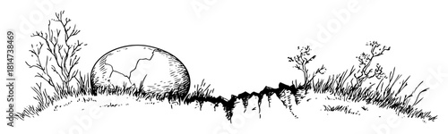 hand drawn cracked egg shell in grass landscape sketch illustration