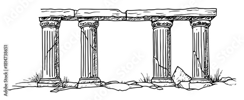 hand drawn ancient greek temple columns ruins sketch illustration