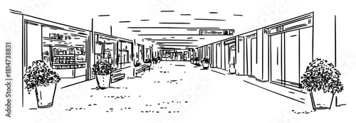 empty shopping mall corridor interior hand drawn vector sketch