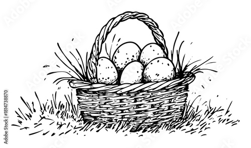 easter basket with decorated eggs in grass vector sketch