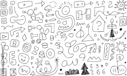 Black and white doodle art collection of abstract shapes numbers and figures vector