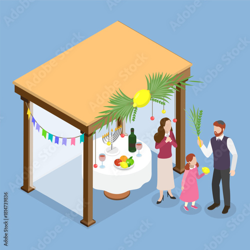 3D Isometric Flat Vector Illustration of Happy Sukkot, Jewish Holiday Sukkoth