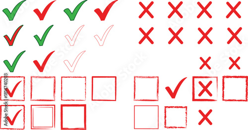 Hand drawn check marks and crosses with boxes on white
