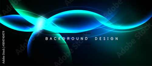 Abstract design features flowing blue light curves against dark background. Bright central glow adds dynamic visual element. Modern, sleek aesthetic.