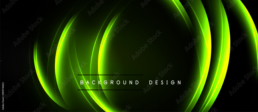 Fototapeta premium Dark backdrop features glowing neon green curved layers. Text reads background design centered below arcs. Modern, dynamic visual presentation.