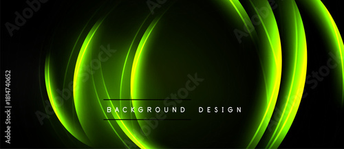 Dark backdrop features glowing neon green curved layers. Text reads background design centered below arcs. Modern, dynamic visual presentation.