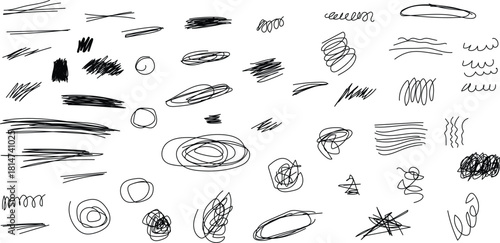 Collection of hand drawn scribbles and doodle elements in black and white