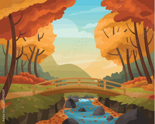 Vibrant autumn forest landscape with a quaint wooden bridge crossing a flowing river, surrounded by colorful trees and fallen leaves under a gentle sky.