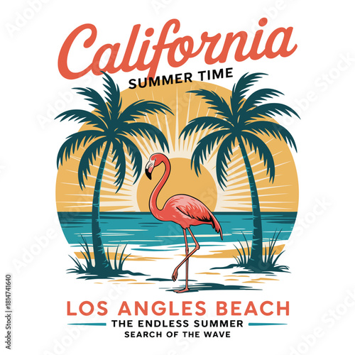 California summer time beach illustration with pink flamingo, palm trees, ocean, and sunset scene graphic.
