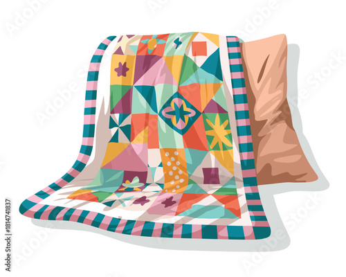 Colorful patchwork quilt draped over a cozy pillow, featuring vibrant geometric patterns on a light background.
